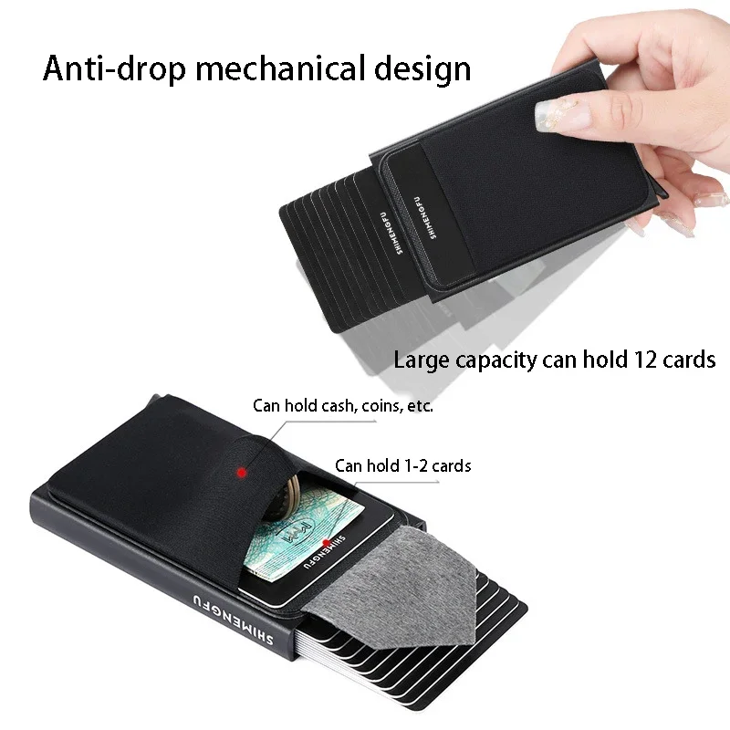محفظة ألومنيوم رفيعة مع حقيبة ظهر مرنة وحامل بطاقة الائتمان ومحفظة صغيرة RFID وحافظة بطاقات بنكية أوتوماتيكية منبثقة للرجال