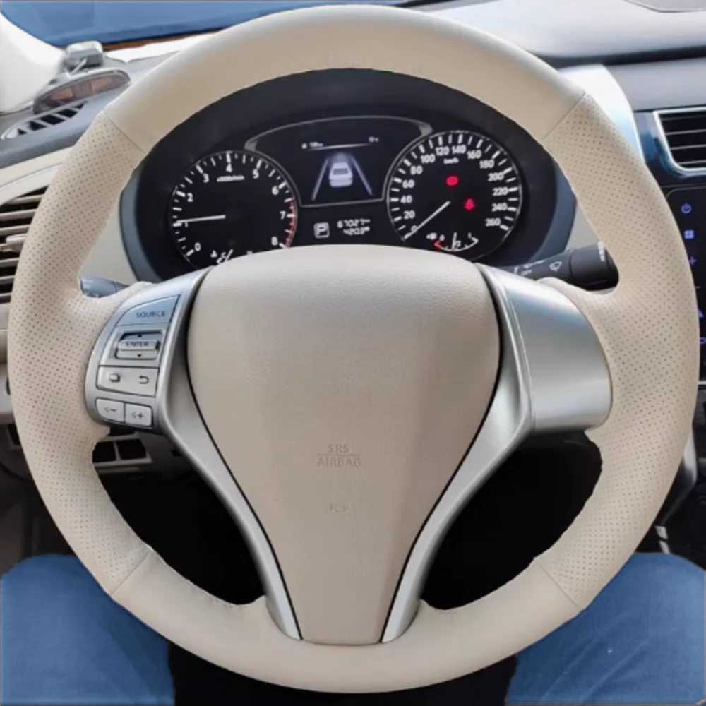 

Black Car Steering Wheel Cover Genuine Leather Breathable For Nissan Teana Altima X-Trail QASHQAI Rogue Pulsar Auto Accessorie