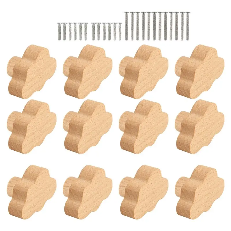 [HOT!】 12 Piece Durable Beech Wood Drawer Knobs Cloud-Shaped Wooden Dresser Pulls Boho Dresser Knobs Wood Color For Cabinets, Fu