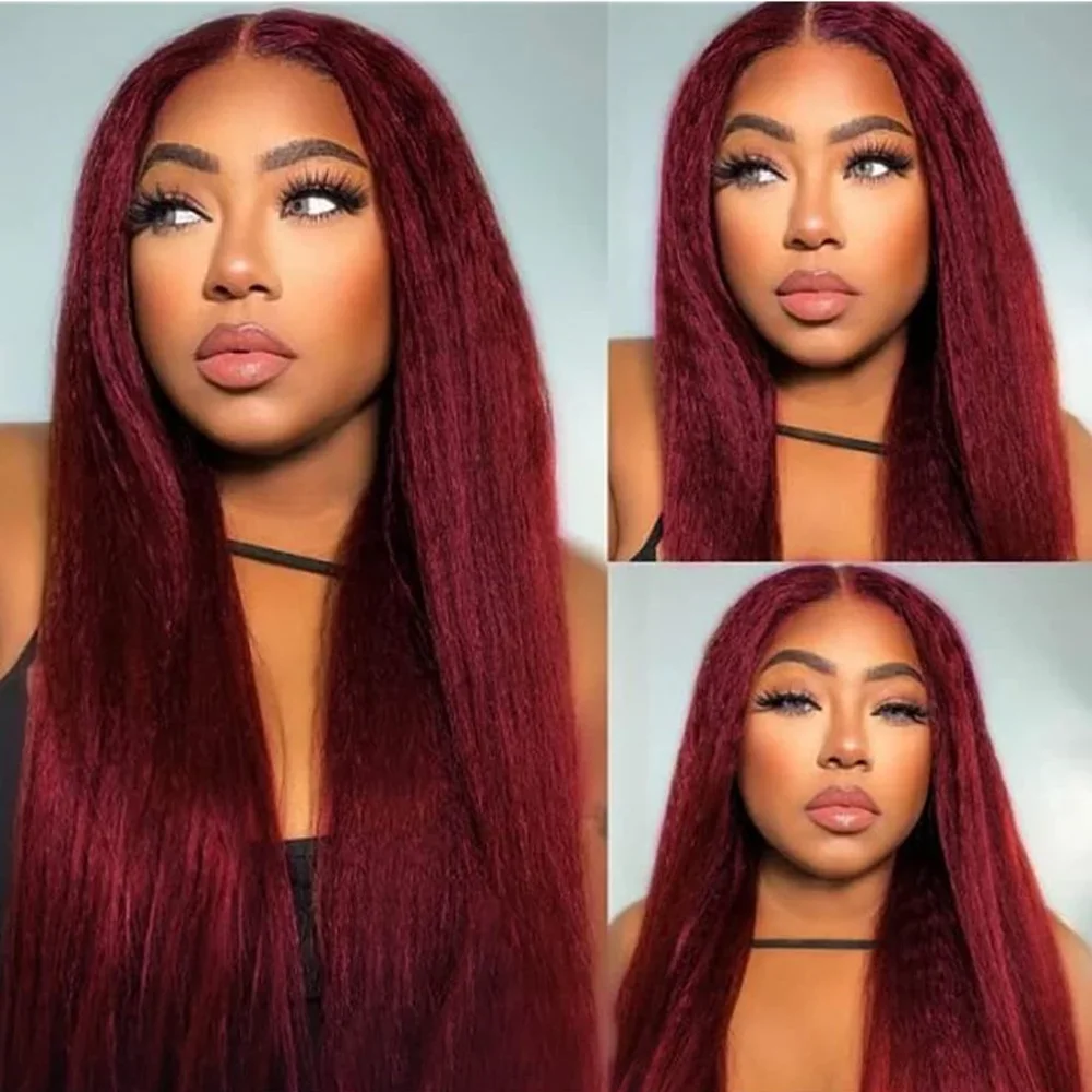 

Preplucked Soft Burgundy Kinky Straight Yaki Lace Front Wig 99j 180% Density For Black Women With Babyhair Glueless Daily Wine