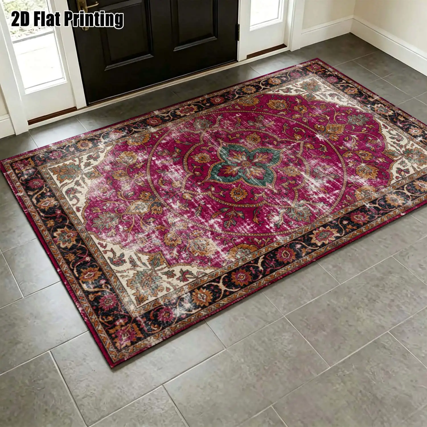 1Pc 2D Printed Retro Brown Blue Floral Carpet: European & Bohemian Style, Home Decor, Multi-Size, Machine Washable, Multi-Scene Use