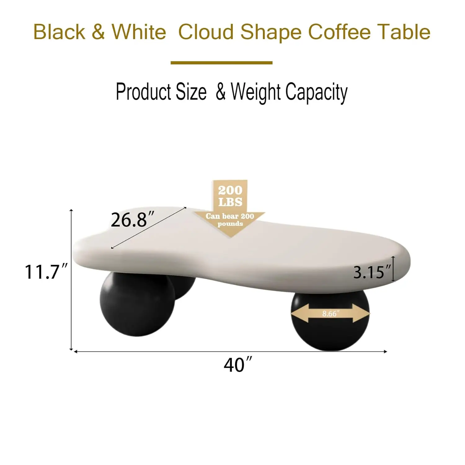 Modern Cloud Coffee Table With 3 Ball Legs, Cute Irregular Shaped Coffee Table, Low Center Table Tea Table For Small Space Livin