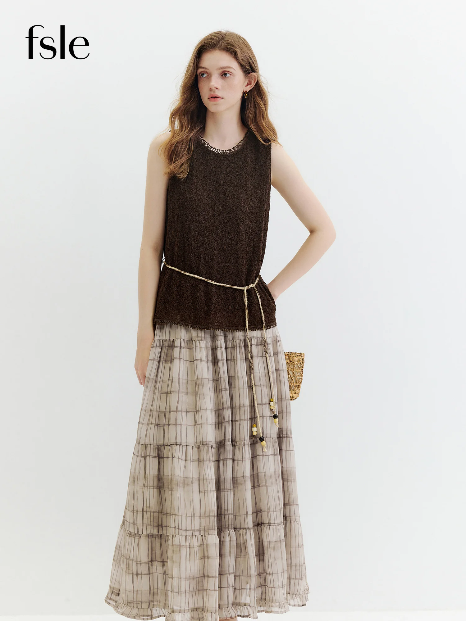 FSLE Romantic Retro Style Hollowed-out Textured Sleeveless Top and Plaid Skirt Set for Women New Summer 2026 Daily Fashion