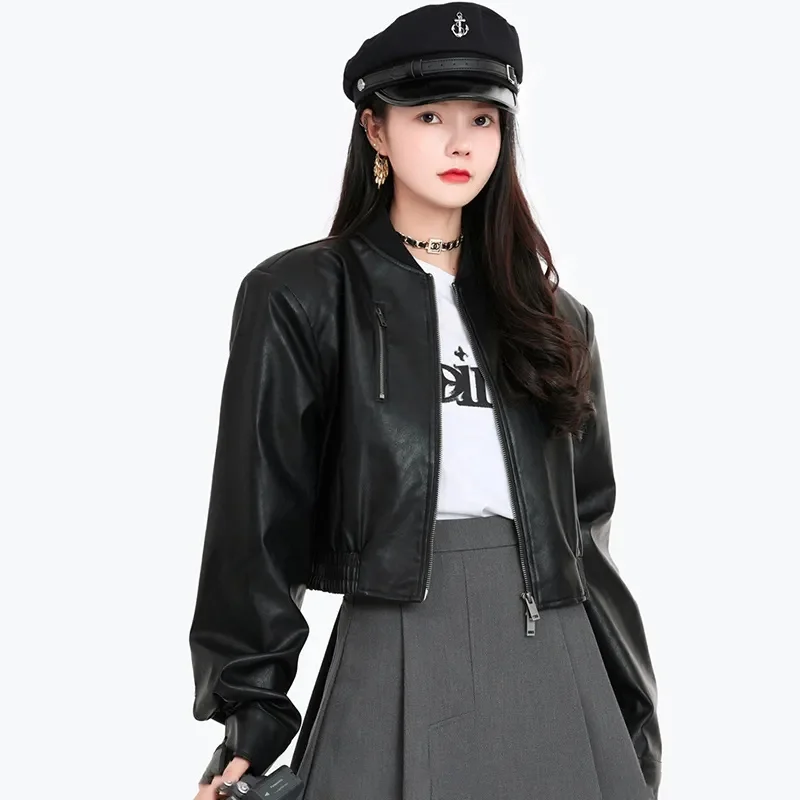 Femmes coréennes mode Faux cuir haut 2025 dames manches longues veste en cuir PU printemps automne femme décontracté court manteau en cuir