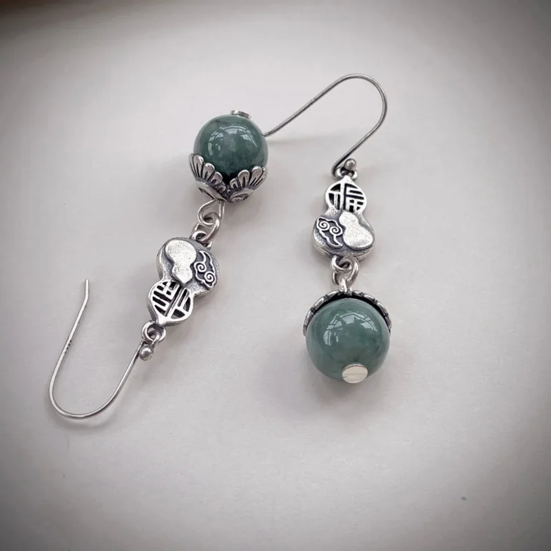 Elegant 925 Sterling Silver Jade Long Hanging earrings Jewelry 2022 Vintage Round Bead Gourd Piercing Dangle EH046