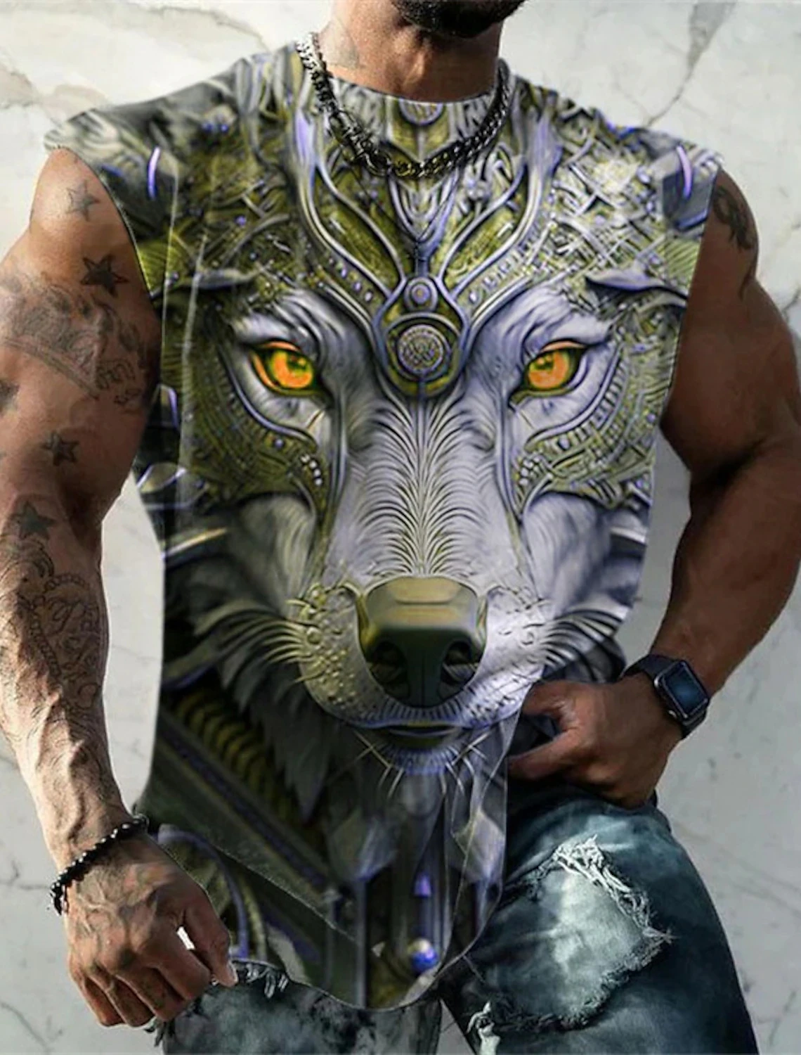 Men's Sleeveless Shirt Patterned Printed Wolf Quick Drying Breathable Vest Men's Gym Plus Size Basketball Sports Beach Tops - Image 3