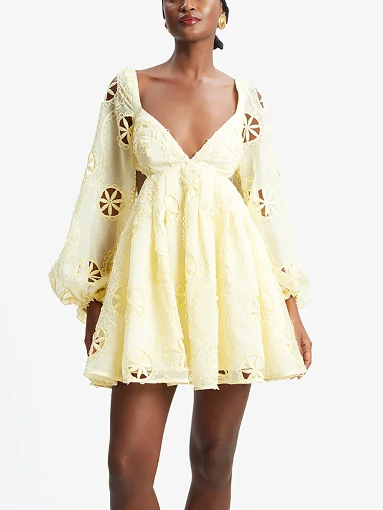 

Summer Sexy V Neck Hollow Out Floral Embroidery Mini Dress Women Lemon Long Sleeves Backless A-line Dresses Evening Beach Party
