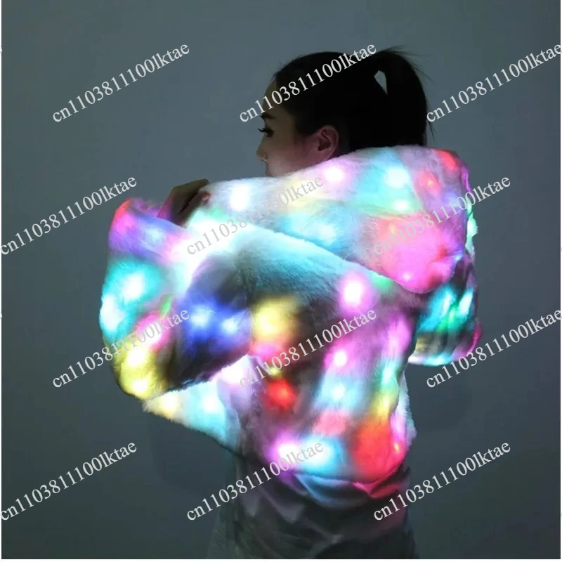 Colorful LED Light Up Jacket Faux Fur Performance Wear for Men and Women Plush Stage Costume for Bar Parties Glowing Outfit Prop