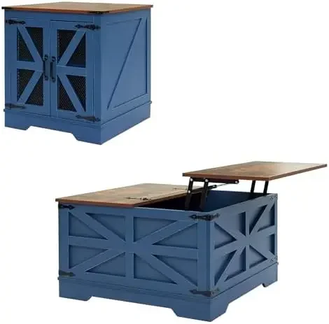 Farmhouse End Table Set with Charging Station, Living Room Tables with Hidden Storage, Wood Square Sofa Bedside Tables