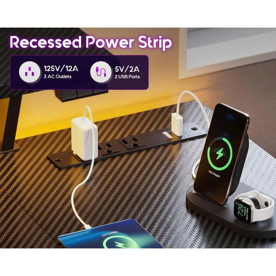 Small Gaming Desk with LED Lights amp Power Outlets, 39 Inch L Shaped Gaming Computer Desk with Storage Shelf, Gamer Table with