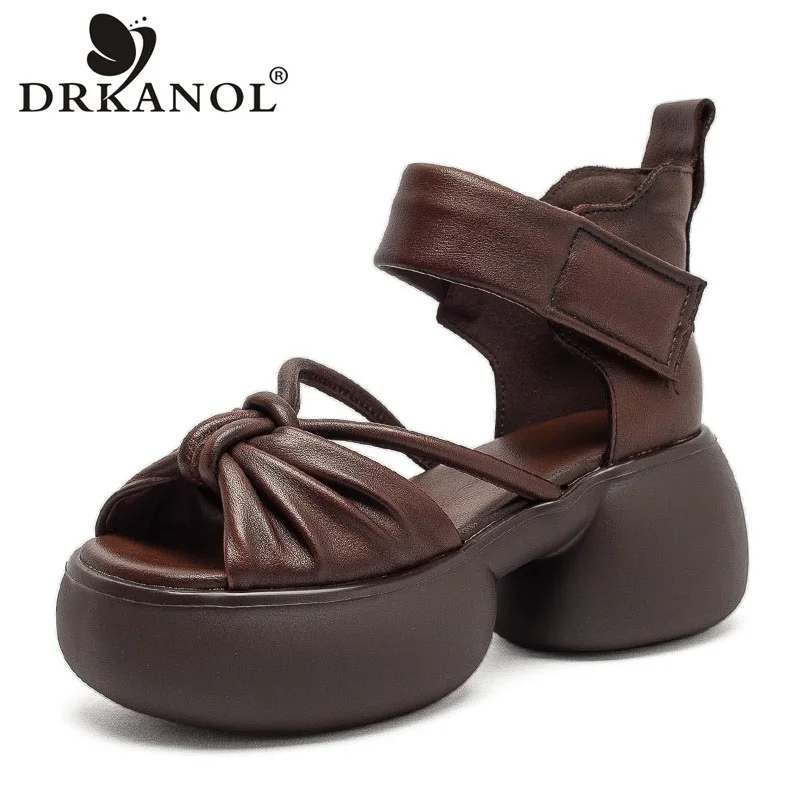 

DRKANOL Women Thick High Heel Sandals Summer Open Toe Genuine Leather Retro Style Chunky Platform Sandals Lady Cool Ankle Boots