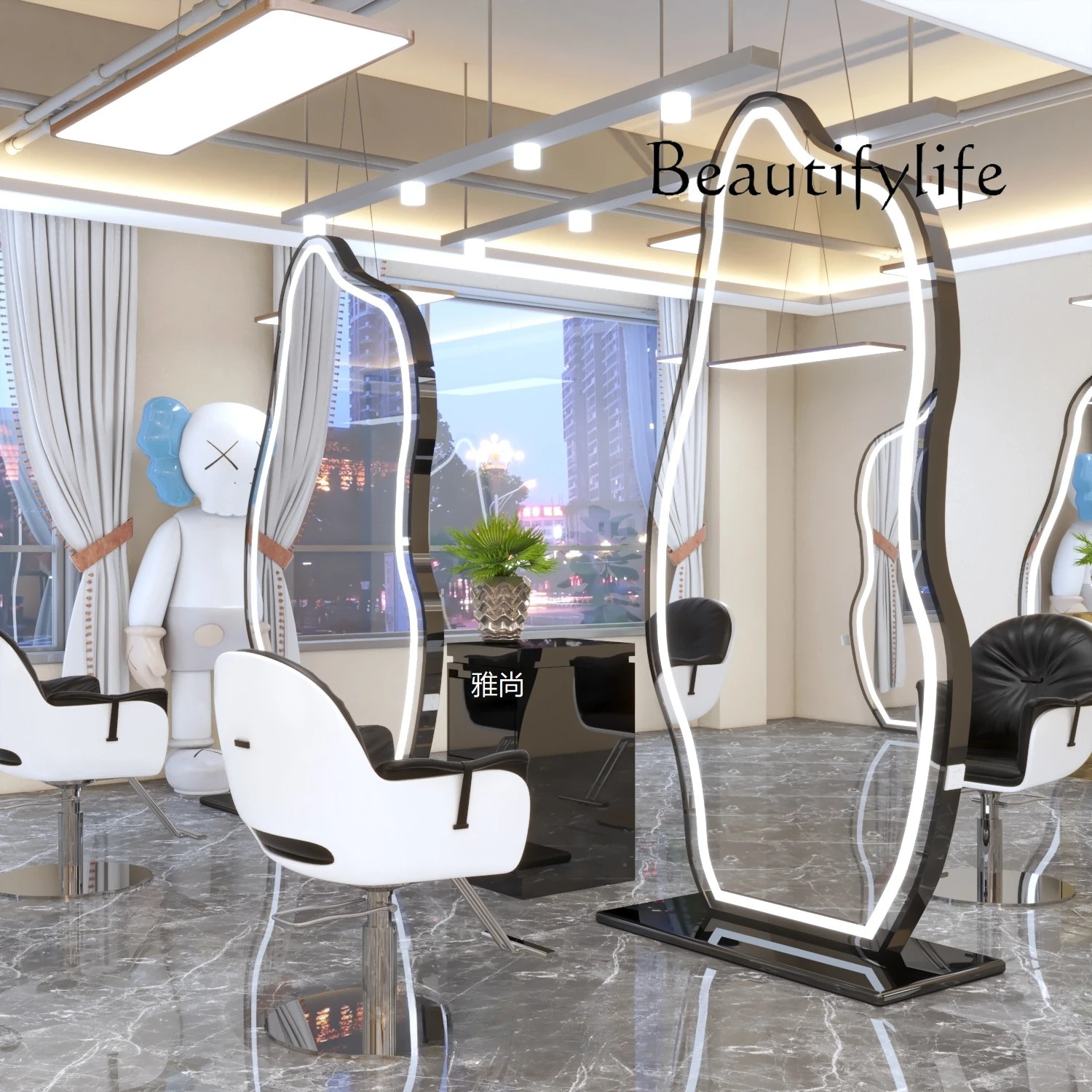 Hair Salon Dressing Table Double-Sided Floor Wall Mirror Led with Light