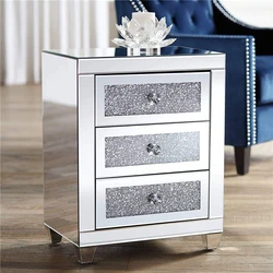 high quality modern light luxury silver bedside cabinet bedroom custom furniture diamond mirror side table with drawer cupbo