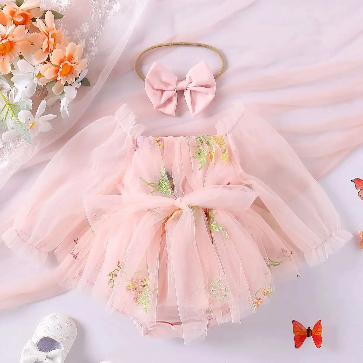Spring Fashion Baby Girls One-Piece Dress For Infant Toddlers Long Sleeve Mesh Flower Embroidery Rompers Newborn Cute Jumpsuit