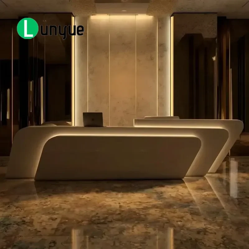 High End Glossy White Luxury Reception Desk with Large LED Light for Mall School Office Hotel Front Counter Cashier Station