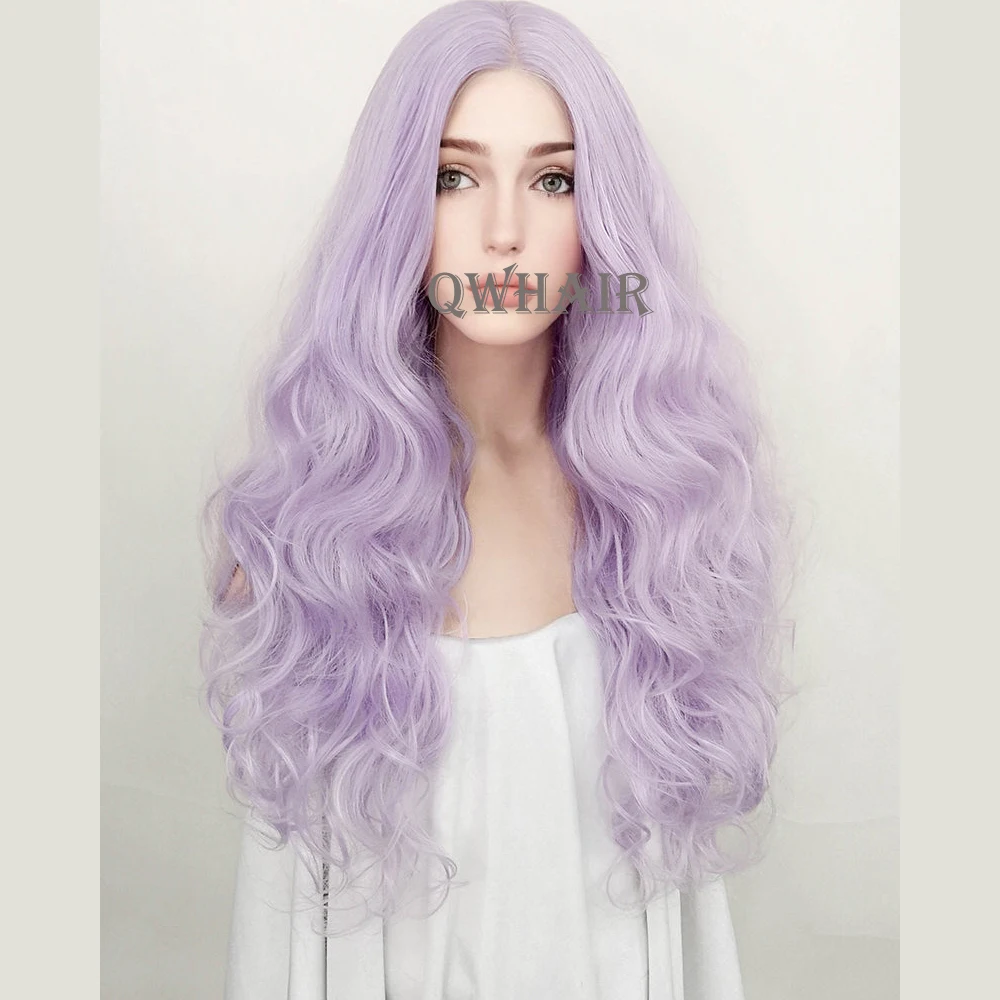 QW Synthetic Hair Pastel Light Purple Wavy Body Wave Soft 13X4 Lace Front Wig For Women Hair Heat Resistant Fiber Cosplay  Daily