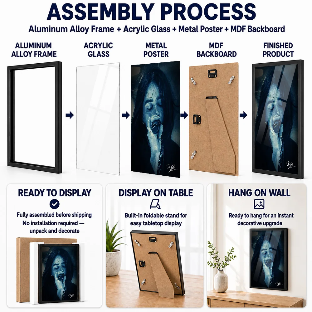 Billie Eilish Monochrome Portrait Framed Metal Print Customized Pop Icon Tribute Wall Art Ideal For Room Or Vinyl Collectors