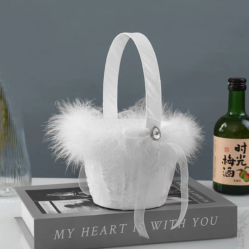 Cesta de flores de encaje de plumón occidental, cesta de flores blanca para boda al aire libre, suministros de boda de mano