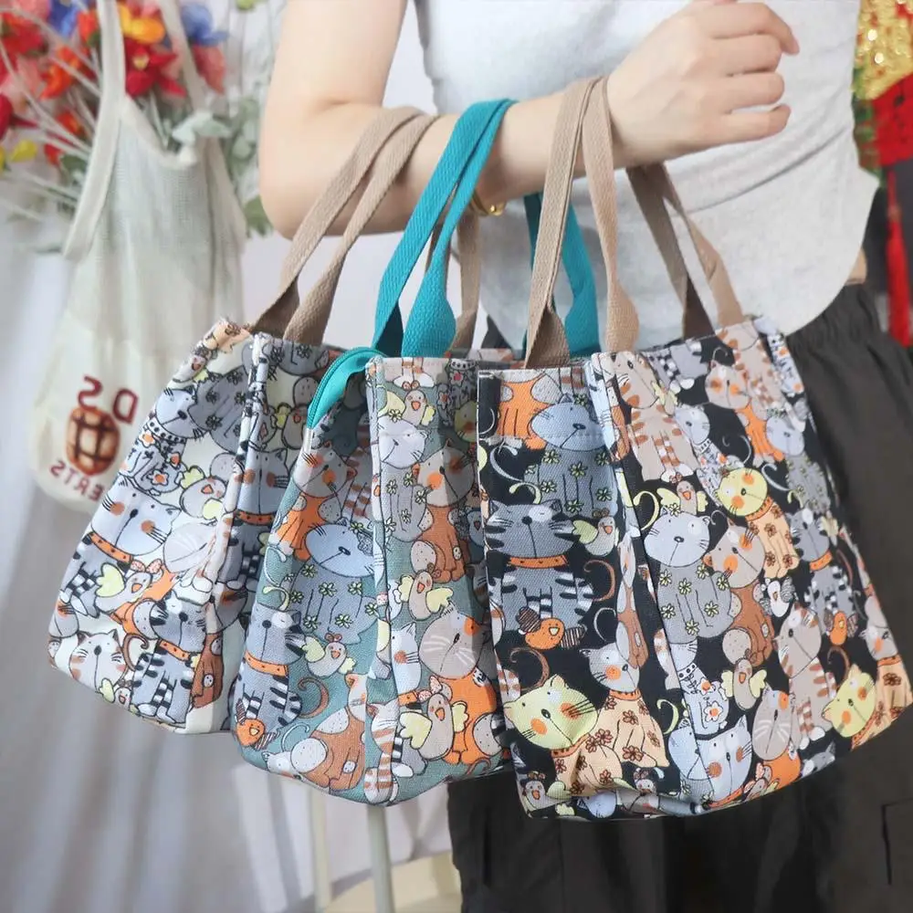

Cute Cat Pattern Cartoon Lunch Bags Large Capacity Storage Bag Portable Mommy Bag Phone Pockets Canvas Handbag Women