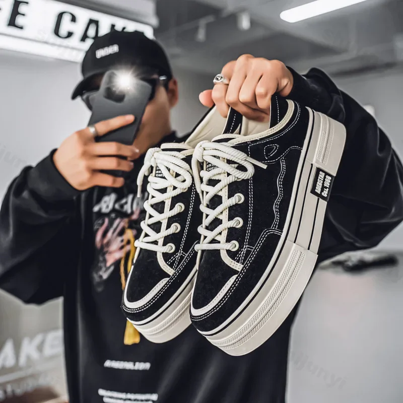 

2025 Spring New Thick Soled Height Increasing Men's Canvas Casual Fashion Trend Flat Shoes Comfortable Non slip Lace-up Sneakers