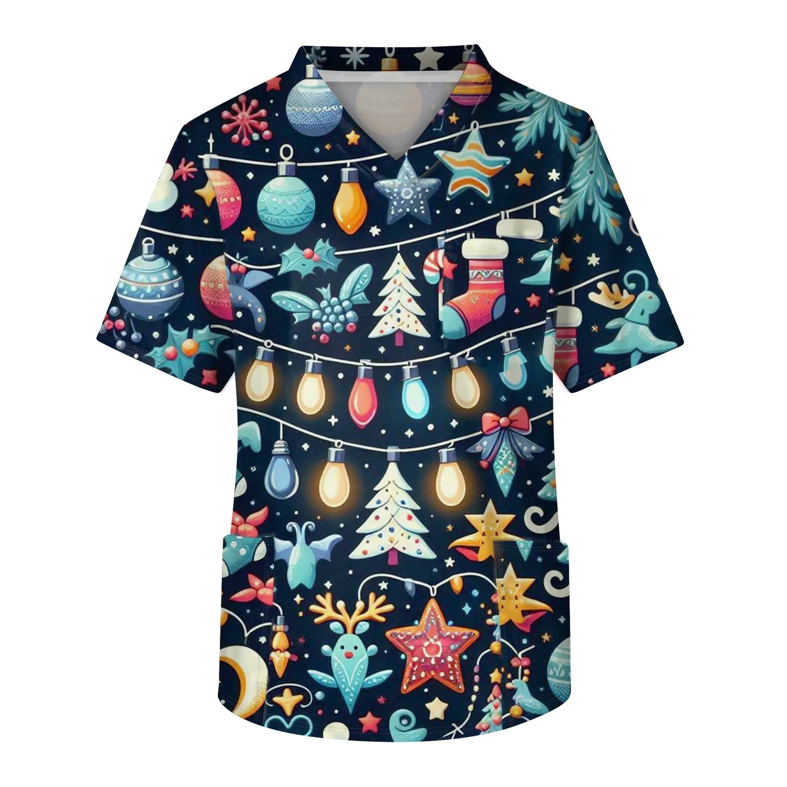 أعلى الأكمام قصيرة تنفس للطبيب والممرضة ، زي عيد الميلاد ، البلوزات الطبية ، ملابس العمل المطبوعة الكرتون ، قميص القطن ، قميص فرك