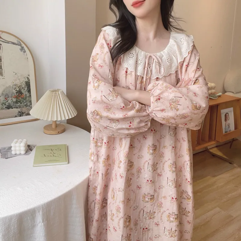 

Модная ночная рубашка для девочек, женский халат, весенне-осеннее кружевное платье с длинными рукавами, хлопковый банный халат с облаком