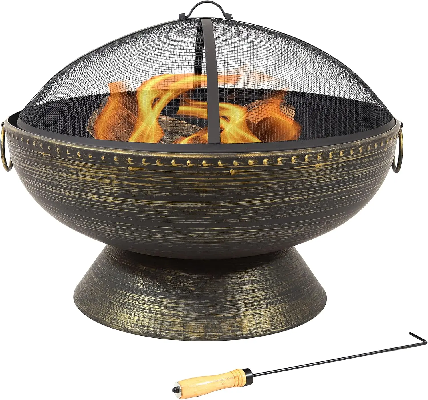 

30-Inch Fire Pit Bowl with Spark Screen, Fireplace Poker, and Metal Grate - Black High-Temperature Paint Finish