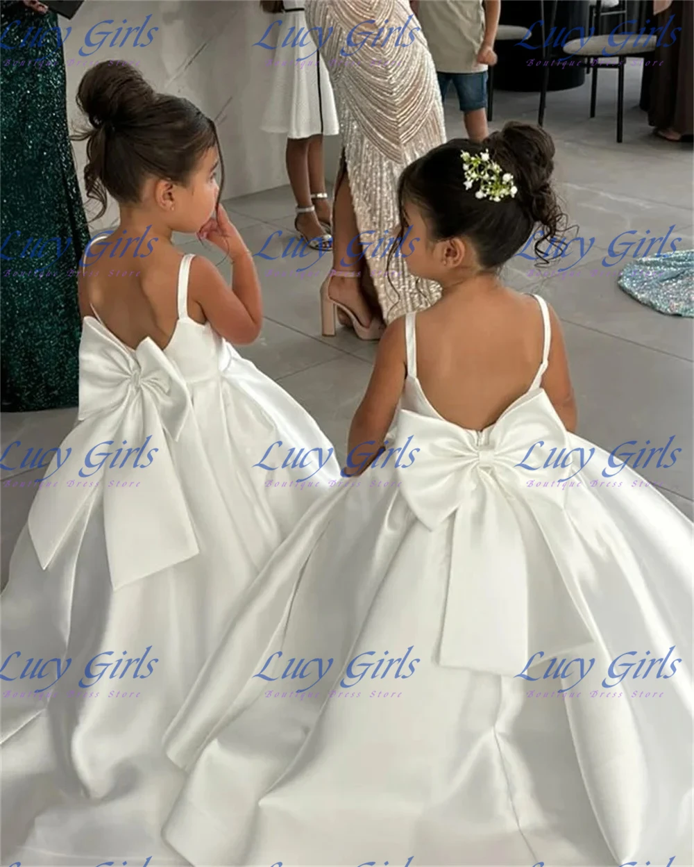 Quality Lovely White Satin Fluffy With Big Bow Flower Girl Dress For Wedding Birthday Party First Communion Evening Ball Gowns image 4