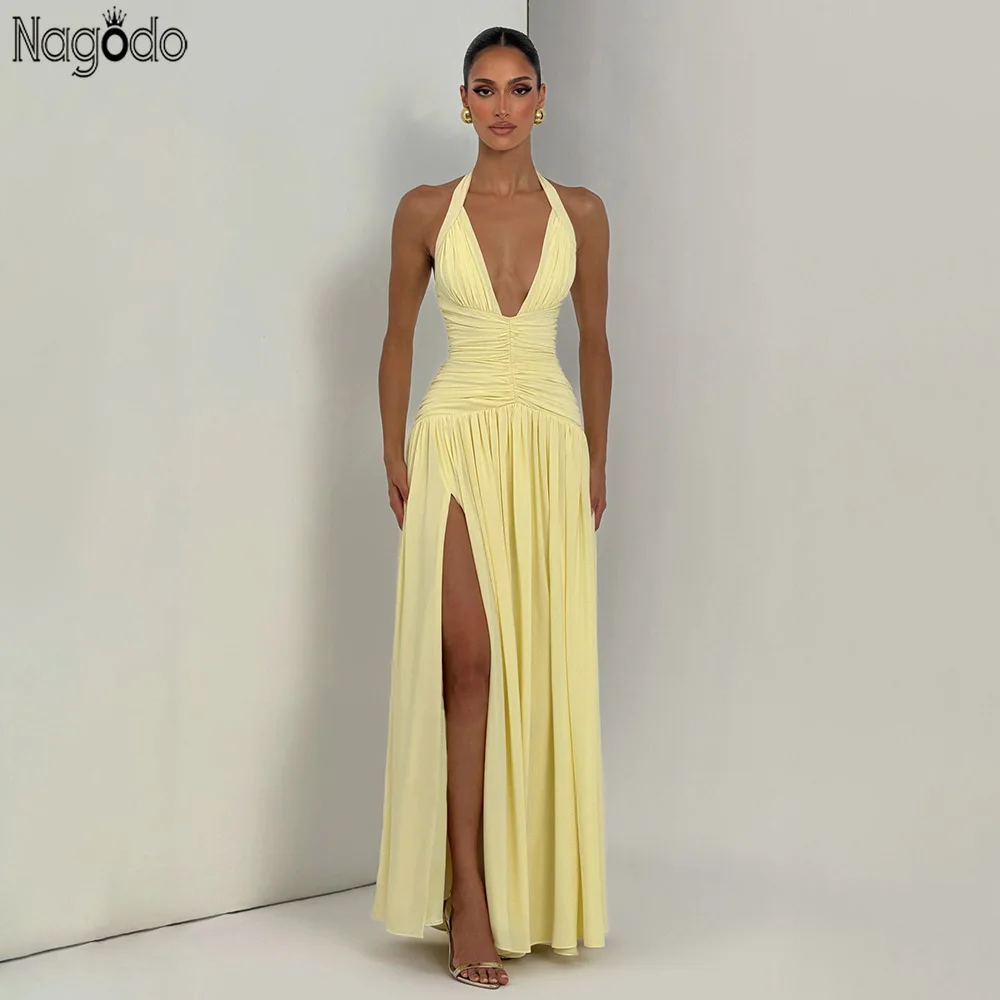 

Nagodo Sexy Halter Party Maxi Dress V Neck Sleeveless Backless Slit Evening Long Dresses Pleated Vestidos Elegant Prom Gowns