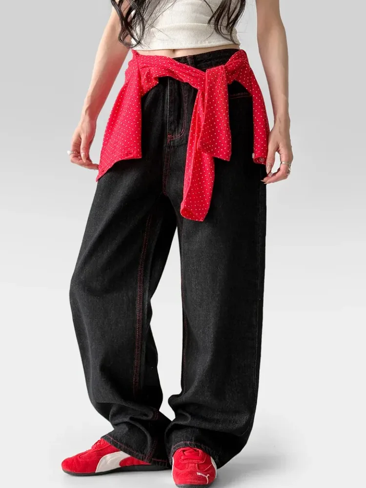 

Chic Retro Red Stitching Design High Waist Slimming Wide Leg Jeans Long Pants Women's Faion Spring New Sle Versatile