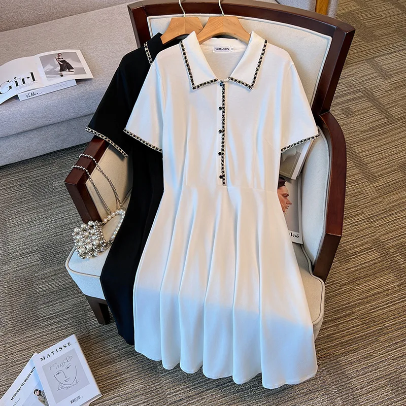 155Kg Plus Size Women's Bust 160 Summer Loose Small Fragrance Lapel Dress Black White 4XL 5XL 6XL 7XL 8XL 9XL