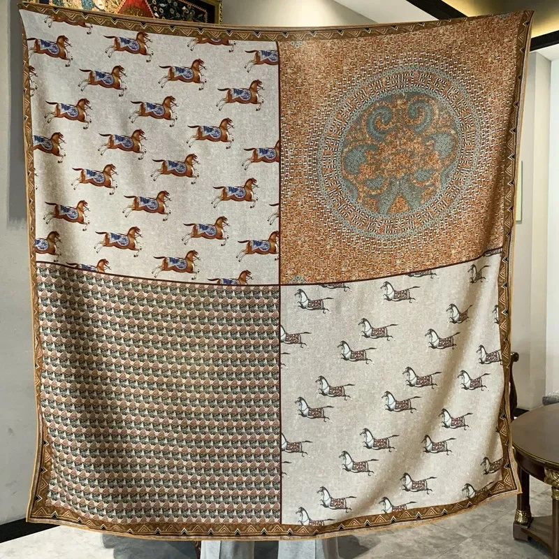 

High-end Elegant Women Fine Small Horses Totem Double Sided Printed Quality Silk Wool Hand-rolled Edge Large Square Scarf Shawl