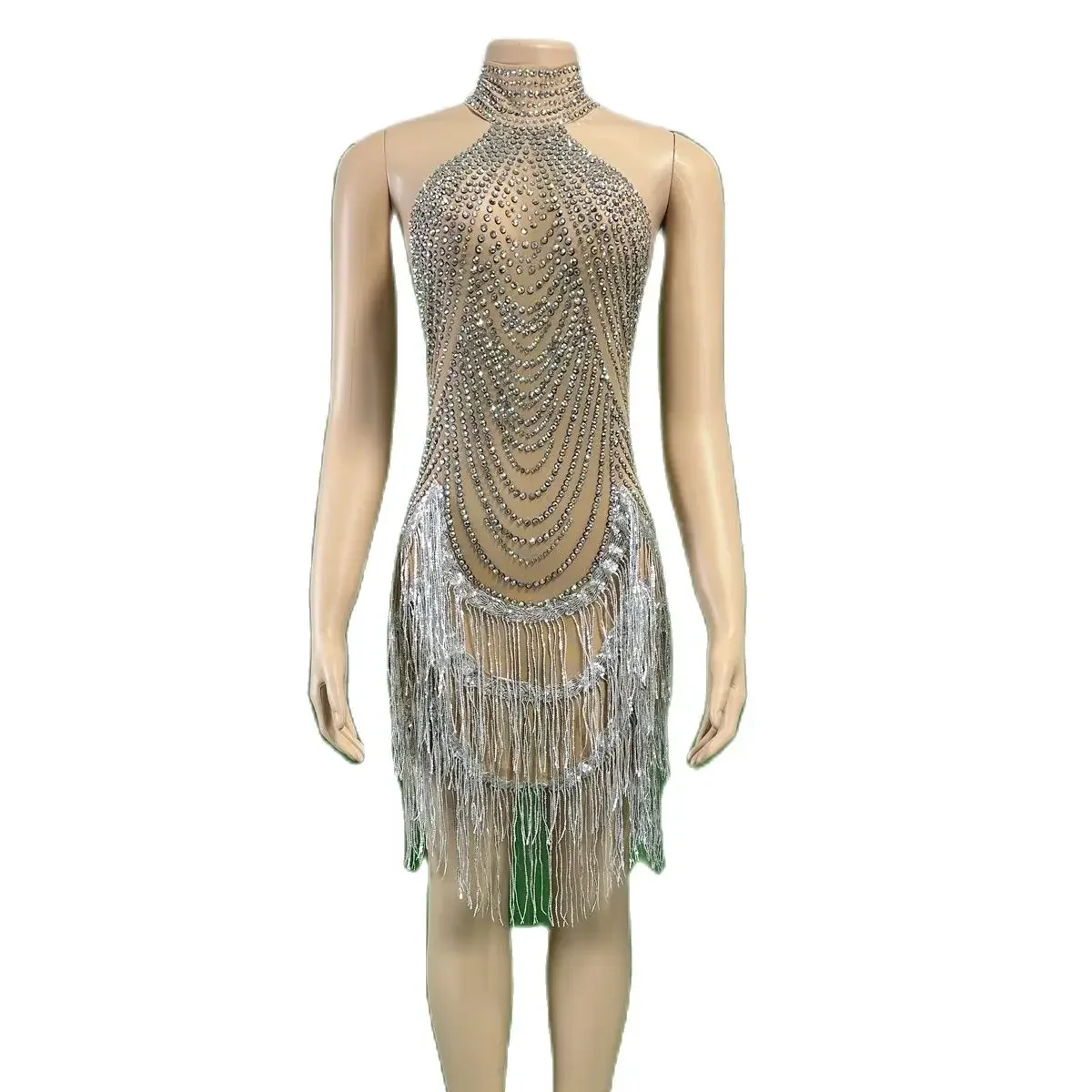 

Burlesque Special Occasions Womens Tassel Rhinestone Sleeveless Glitter Night Out Dress Showgirl Stage Queen Singer Costumes