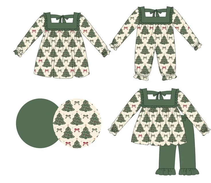 

Girls Christmas Boutique 3-Piece Set Square Neck Long Sleeve Elastic Bowknot Print Trousers Lace Romper Dress Baby Dress