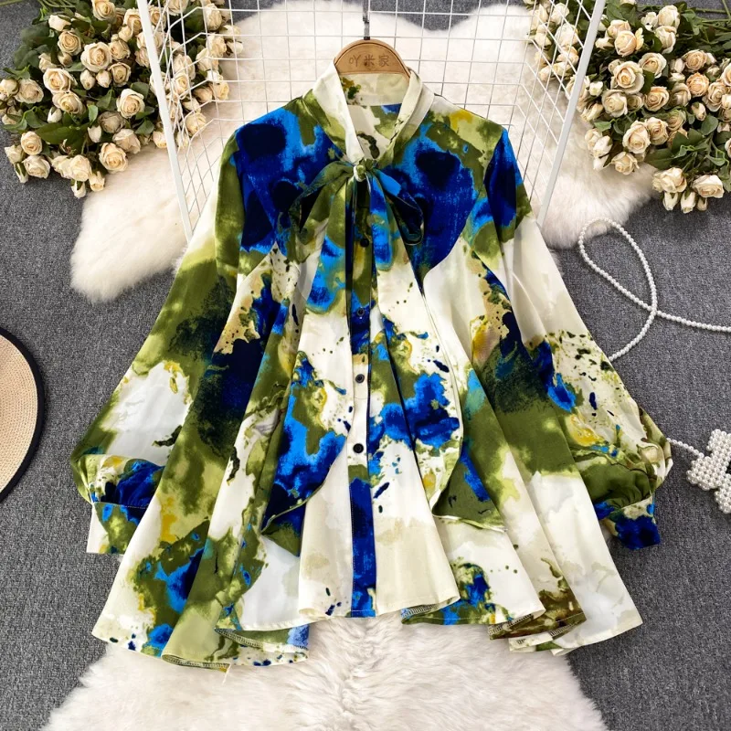 Neploe FKorean Ashion V-neck Bow Shirts Women Autumn Loose Lantern Sleeve Blouses Y2k Vintage Floral Print Blusas Mujer