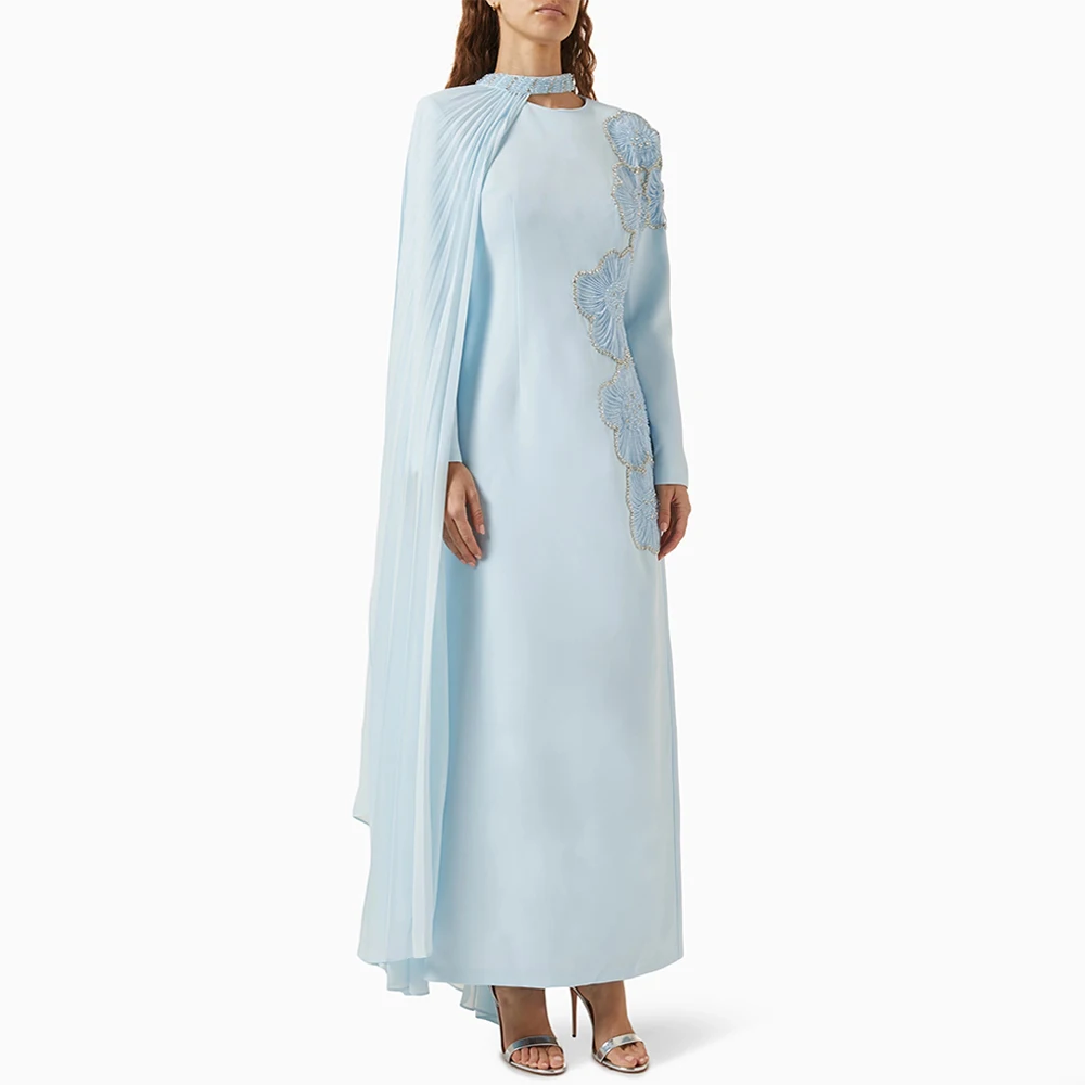 Pale Blue Prom Dress with Chiffon Cape Round Neck Long Sleeve Beading Stones Ankle Length Saudi Evening Gown for Weddings