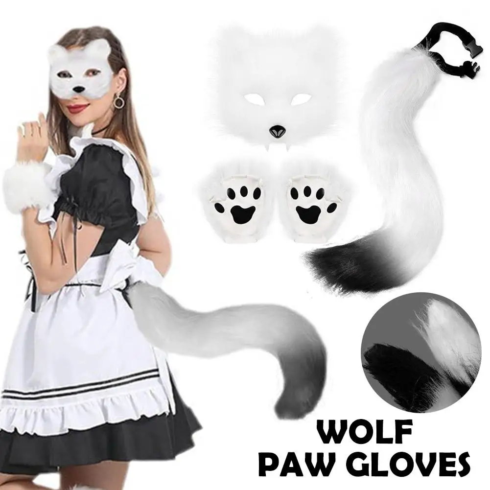 

3d Wolf Claw Gloves With Realistic Half-face Fluffy Accessories Set Gloves Costume Halloween Cosplay Paws Tail Fur L0a0