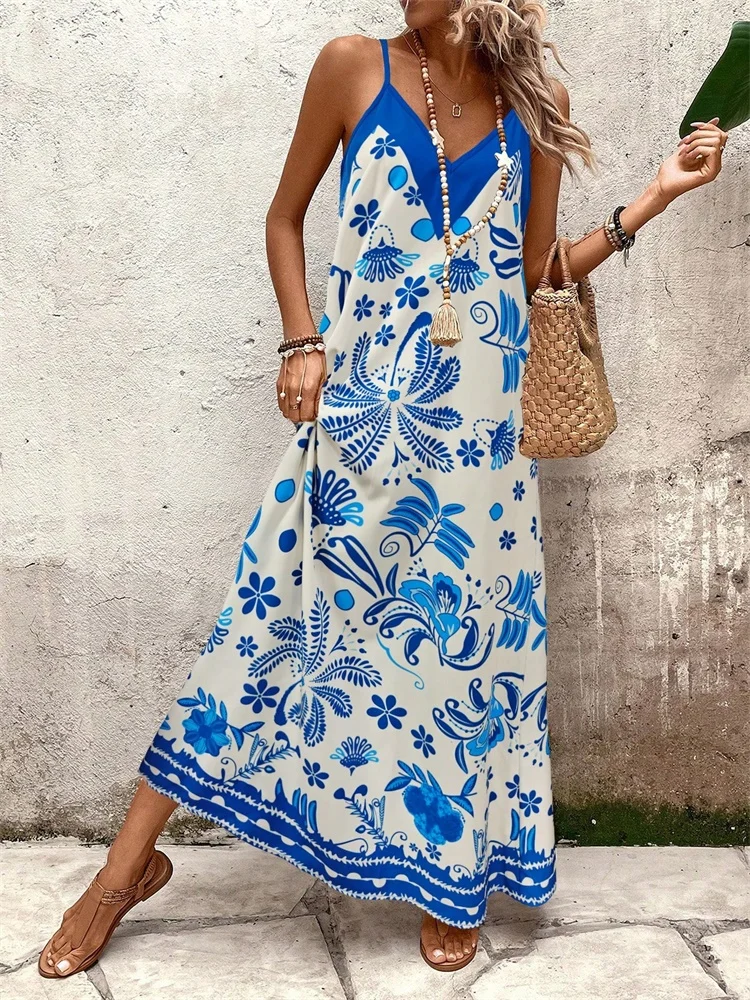 

Сексуальное платье длиной до щиколотки с v-образным вырезом и 3D-печатью синих цветов, модное и модное женское длинное платье в городском стиле.