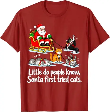 Little Do People Know Santa First Tried Cats Funny Christmas T-Shirt for Women Men Y2k Cute Kitten Holiday Clothes Family Outfit