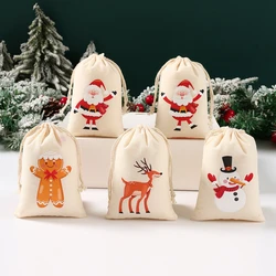 6pcs Christmas Linen Cotton Gift Bags Merry Christmas Decorations 2024 Xmas Packing Candy Bag Navidad Natal New Year Decor 2025
