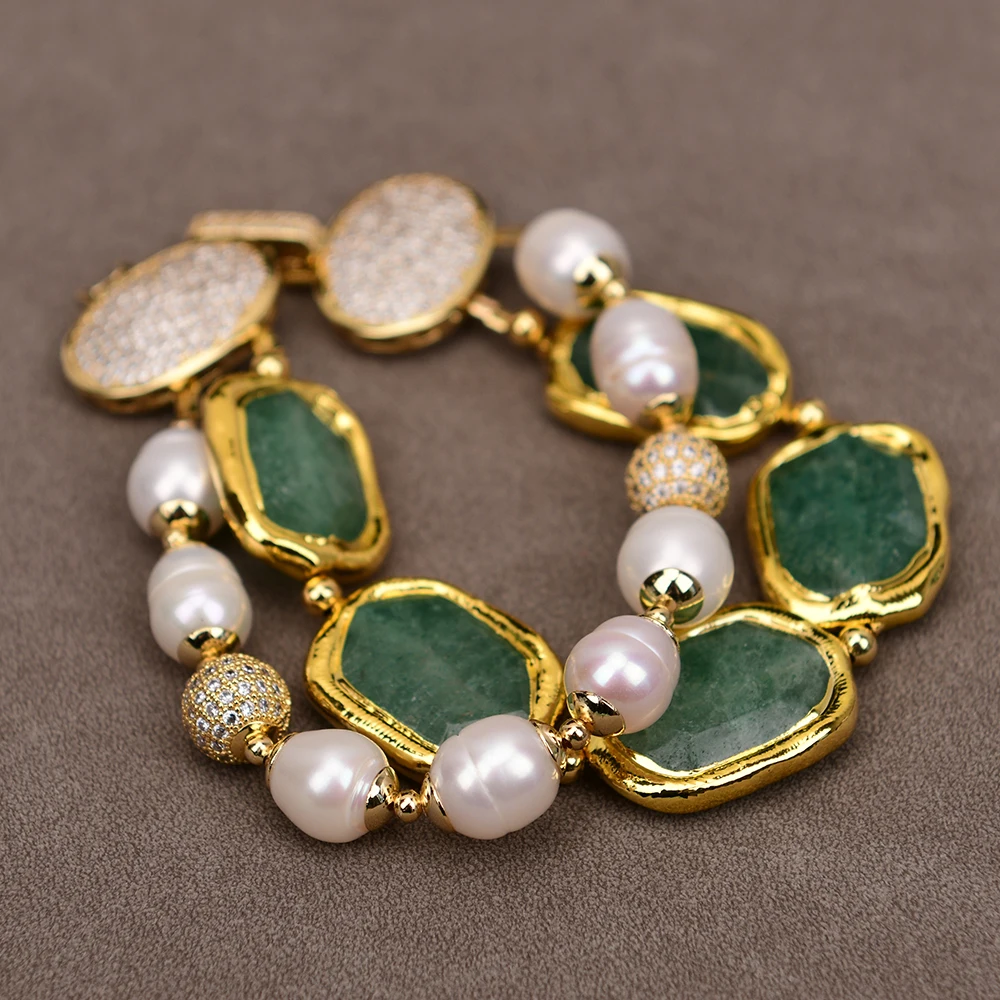 

G-G Jewelry 2 Rows Natural White Rice Pearl Gold Edge Plated Green Strawberry Quartz Bracelet
