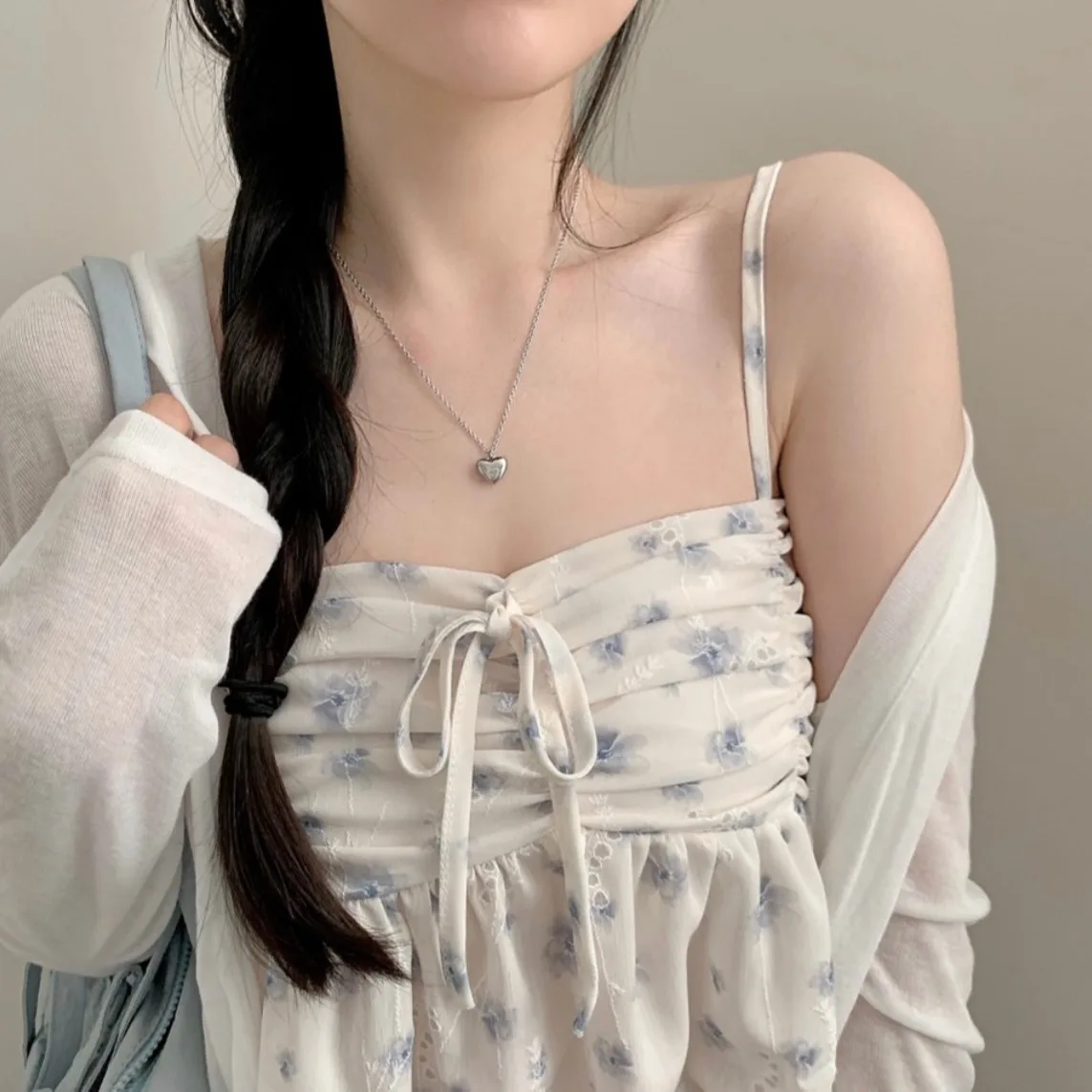 Cárdigan abierto de punto coreano Sle Long Sve con top floral para mujer, conjunto de moda de verano, temperamento dulce, en dos piezas...
