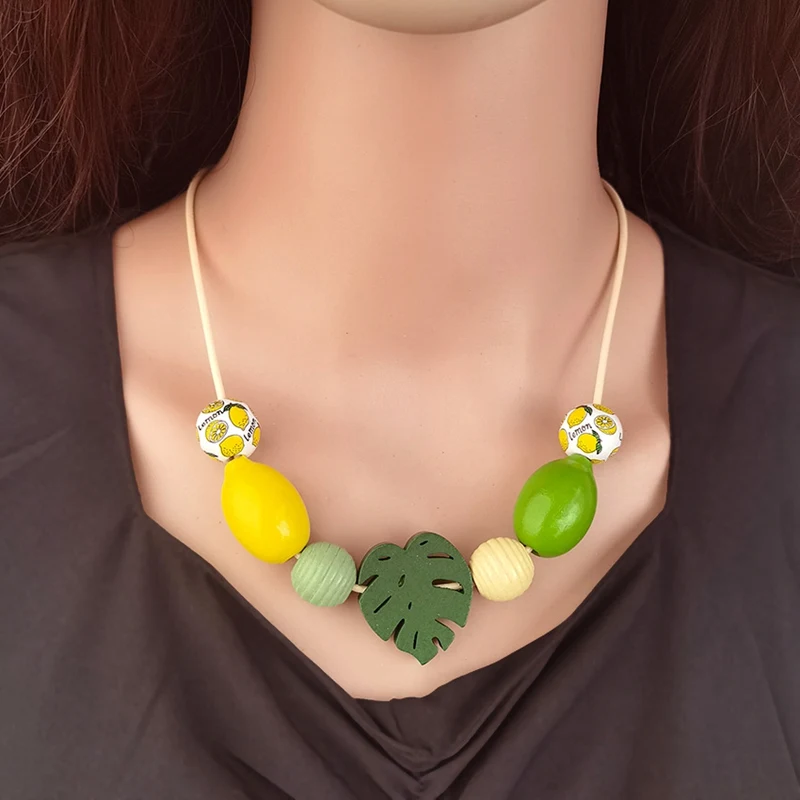 Handmade Vintage Wooden Statement Bib Necklace with Fruit Lemon Pendant for Women Party Jewelry 3