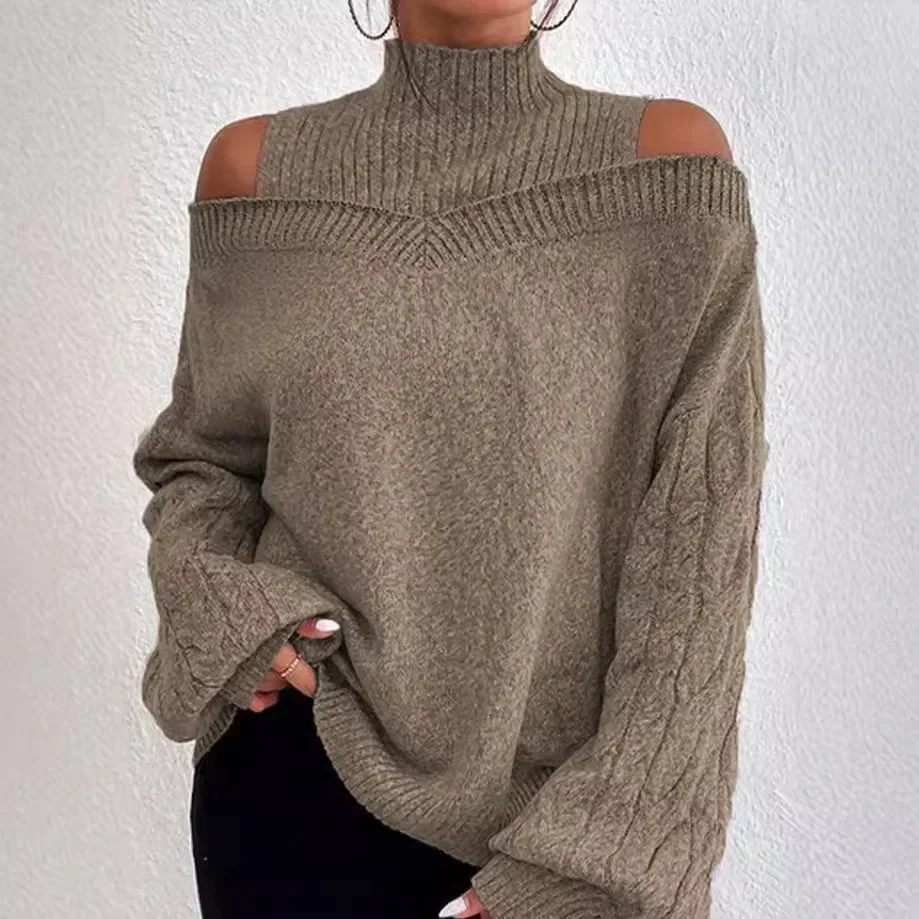 

Solid Full Sleeve Off Shoulder Sweaters Elegant Office Lady Regular Women Knit Sweater Half High Collar Splice Pullovers