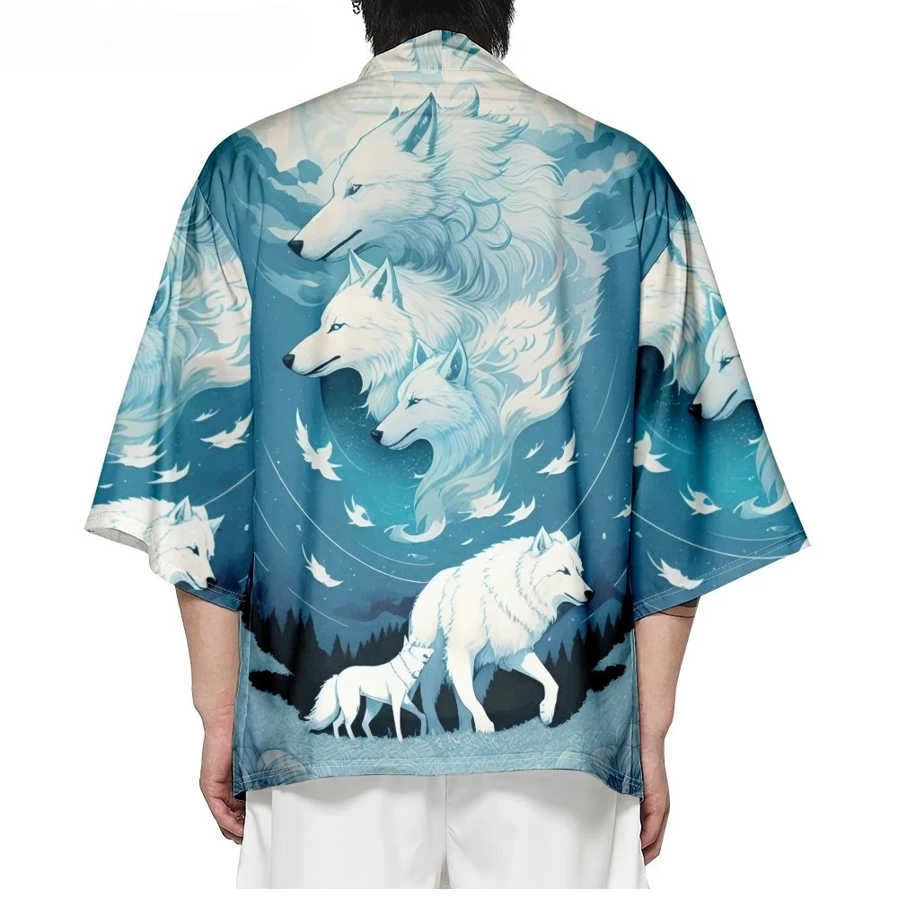 Bebovizi الصيف الشارع الشهير رجل أنيمي الأبيض الذئب طباعة الشاطئ سترة قميص بلوزة للرجال للجنسين اليابانية يوكاتا كيمونوس #4