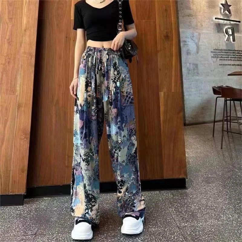 Summer Women\'s Ice Silk Loose Wide Leg Pants Fashion Personality High Waist Casual Pants Ink Tie Dyed Floor Dragging Pants