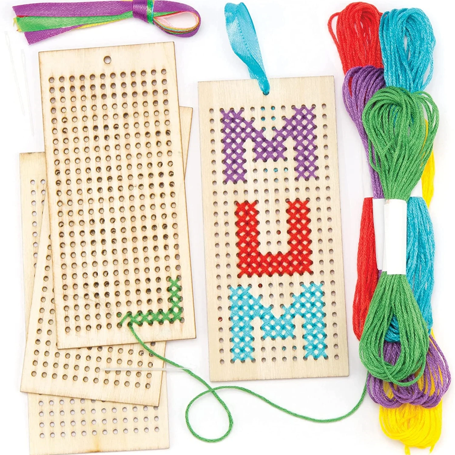 1set Wooden Cross Stitch Bookmark and Star Kit Tag suit, Contains 4 wood chips,4 lanyard ,4 color threads and 4 plastic needles