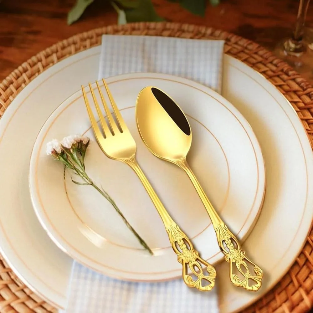 

16Pcs Vintage Royal Court Cutlery Sets Embossed Design Smooth Edges Kitchen Flatware Set Stainless Steel Fork Spoon Set Dessert
