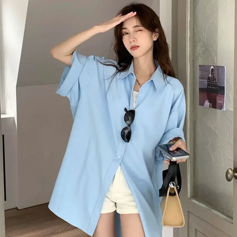 Korean Polo Neck Solid Color Shirt Tops Ladies Summer New Plus Size Short Sleeve Loose Cardigan Casual Fashion Women Clothing