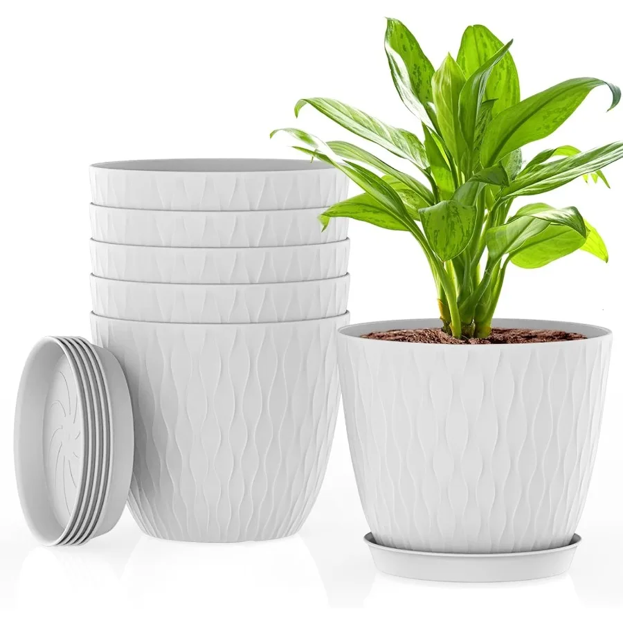 

6 Inch Plant Pots 6 Pack Flower Pots for Indoor and Outdoor Use Planters with Drainage Holes and Saucers White
